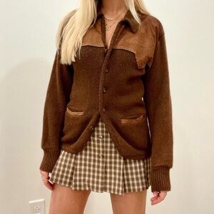 Vintage 70’s Western Leather Suede Inlay Collared Cardigan Sweater in Chocolate